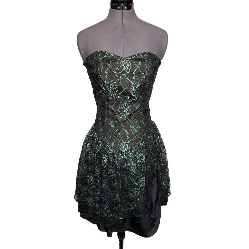 Vintage 80s Metallic Green Lace Gothic Witchy Prom Dress 34-26-40‎ Small